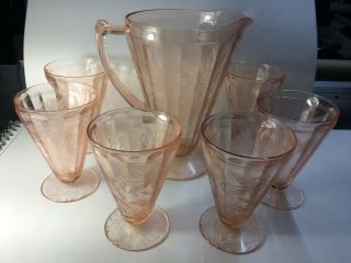 Vintage Pink Depression Glass Water Pitcher With Six Tumblers,  Jeannette Floral