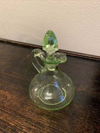 Vintage Green Depression Glass Vinegar Oil Cruet With Stopper