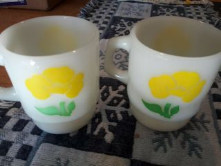 Vintage Set Of 2 Fire King Milk Glass Yellow Poppy/foxy Flowers Coffee Mugs