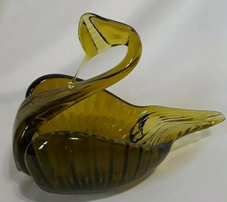 Vtg Hand Crafted Olive/moss Green Art Glass Swan Candy Dish Trinket Bowl Euc