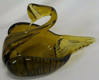 Vtg Hand Crafted Olive/Moss Green Art Glass Swan Candy Dish Trinket Bowl EUC 2