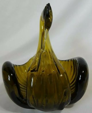Vtg Hand Crafted Olive/Moss Green Art Glass Swan Candy Dish Trinket Bowl EUC 3
