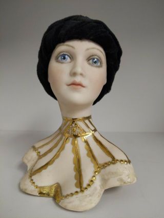 Vintage Handpainted Bisque Porcelain Doll Head Soulder Eyes Bust Turbin Gold