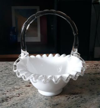 Vintage Fenton Silvercrest Ruffled Edge Milk Glass Basket W/clear Handle