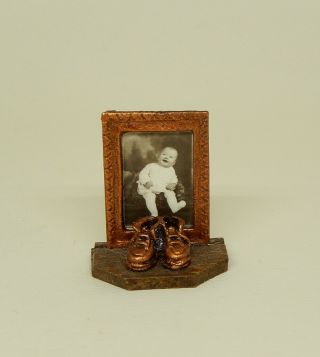 Vintage Picture Frame With Bronzed Baby Shoes Dollhouse Miniature 1:12