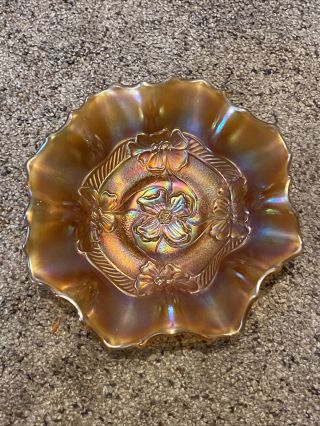 Vintage Carnival Glass Candy Dish Amber Iridescent Flowers 7.  5”
