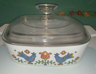 1975 Corning Ware Country Festival Pyrex Blue Birds Casserole 1 Quart With Lid