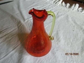 Vintage Crackle Glass Mini - Pitcher Vase Mandarin Orange Clear Handle 4.  5 "