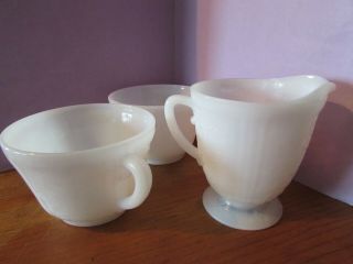 Vintage Milk Glass 2 Coffee Cups (2 1/2 " Tall) And One 3 1/2 " Tall Creamer