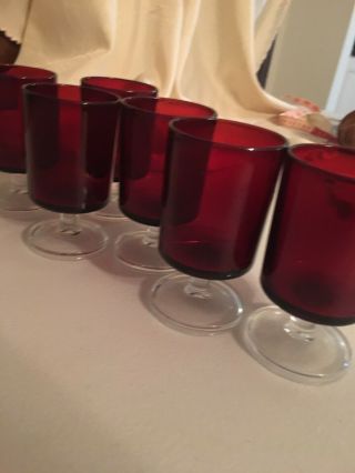 Vintage Ruby Red With Clear Glass Foot Cordial Glasses Set 6