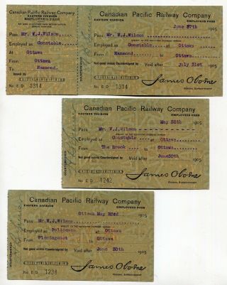 Canada - Cpr Canadian Pacific Railway 1905 Ottawa Ont - Three Police Passes -