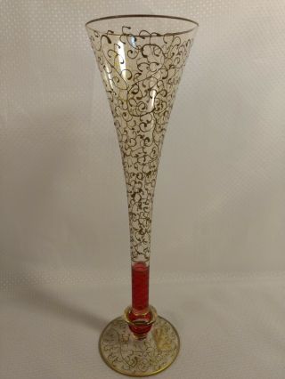 Pier 1 " Rioja " Champagne Flutes Glasses Ruby Red & Gold Mouth Blown 10.  5”