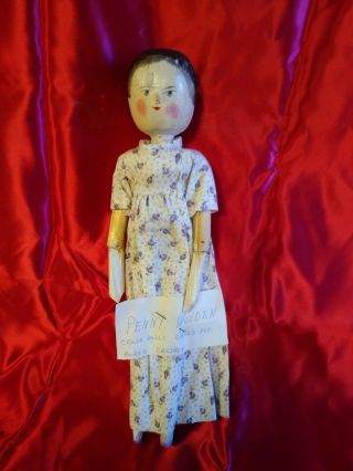 Antique German Vintage Wood Penny Peg Doll Carved Hand Painted With Outfit