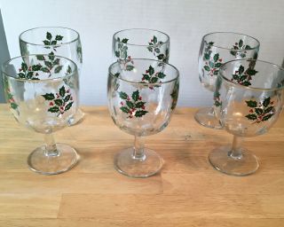 Vintage Set Of 6 Christmas Holly Motif Goblets Glass Miles Kimball Company Stem