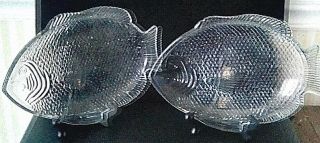 (2) Clear Glass Luncheon Sandwich Plate Snack Tray Fish Design Mckee Jeanette