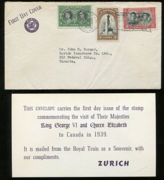 Canada Fdc 1939 Royal Visit - Royal Train Flag - Zurich Insurance Cover W/ Card