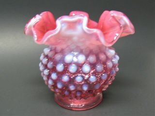 Vintage Fenton Cranberry Opalescent Hobnail Ruffled 4 1/2 " Vase - Vgc