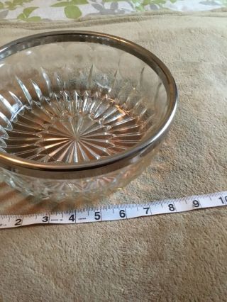 Heavy Clear Crystal Glass Serving Bowl Silver Plate Rim 9” Dia.
