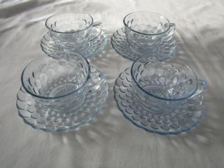Set Of 4 Vintage Anchor Hocking Blue Bubble Glass Tea Cups & Saucers
