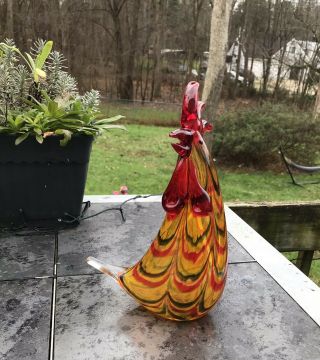Colorful Hand Blown Murano Style Glass Rooster Hen Chicken Farm Figurine Heavy