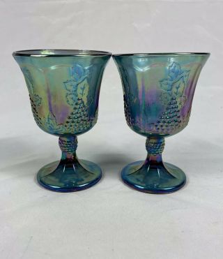 Set Of 2 Vintage Indiana Carnival Glass Iridescent Blue Harvest Grape Goblets