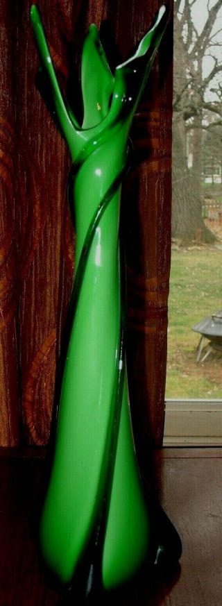 Vintage Green Tall Italian Murano Twisted Glass Vase Two Tone Green