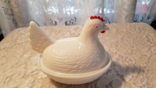 Vintage White Milk Glass Hen On Nest Chicken Candy Dish Covered Bowl W Lid Farm