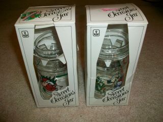 2 Vintage Anchor Hocking Christmas Holiday Glass Candy Jars W Lids