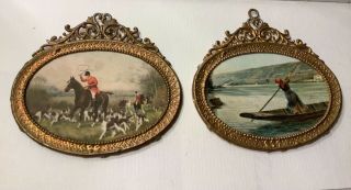 German Soft Metal Dolls House Pictures In Frames - Hunting Scene
