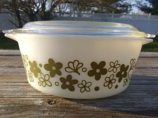 Vintage Pyrex Spring Blossom 472 Casserole Dish W/lid - Crazy Daisy Green White