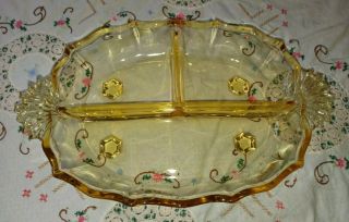 Vtg Fostoria Topaz 3 Part Handled Relish Dish Bowl Depression Glass 1937 Exc