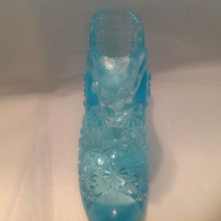 Vintage Fenton Light Blue Glass Daisy And Button Shoe / Slipper With Cats Head