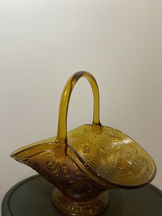 Vintage Indiana Glass Lrg.  Basket Fruit Bowl Amber Harvest Gold Large Footed 11 "