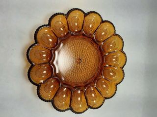 Vintage Indiana Amber Glass Hobnail Deviled Egg Plate Tray Dish 15 Eggs (bin6)