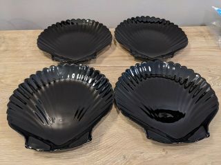 Set Of 4 Arcoroc France Sea Shell Clam Shaped Black Glass Plates