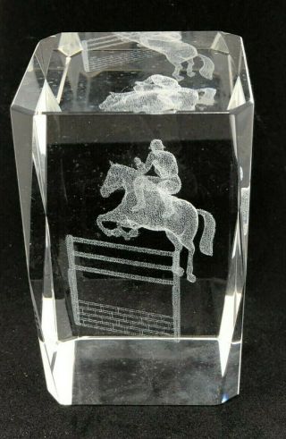 Horse & Rider Jump Fence 3d Laser Etched Clear Crystal Glass Paperweight [13]