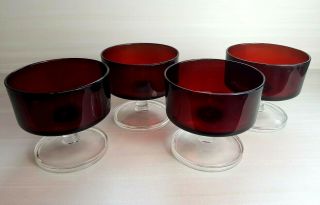 Set Of 4 Vtg Anchor Hocking Ruby Red Footed Pedestal Sherbet Dessert Cups Bowls