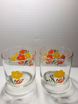 Vintage Set 2 Poppy Flower Floral Drinking Juice Glasses Mid Century Modern 4oz