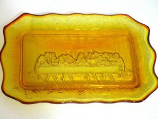 Indiana Glass Tiara Amber The Lords Last Supper Bread Plate Jesus Rectangle 11x7