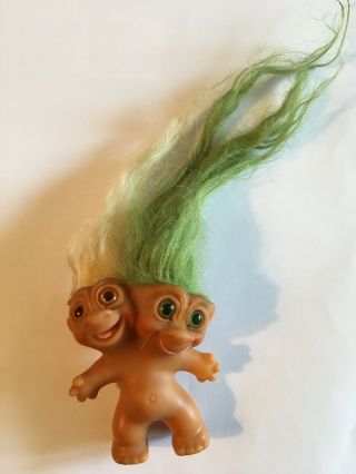 1965 Uneeda Siamese Twin 2 Headed Troll Doll W/white & Green Hair 3” Tall