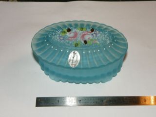 Fenton Glass Aqua Blue Satin Ribbed Oval Covered Trinket Box Hand Painted Floral