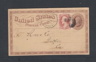 Usa 1874 6c Bank Note Uprated Postal Stationery Card Massachusetts To Canada