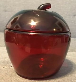 Vintage Anchor Hocking Red Glass Apple Cookie Jar Canister & Lid