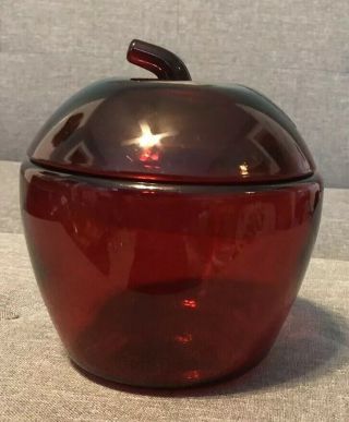 Vintage Anchor Hocking Red Glass Apple Cookie Jar Canister & Lid 3