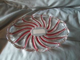 9.  5 " Mikasa Glass Sweet Dish Peppermint Red Swirl Candy Dish Oval Platter