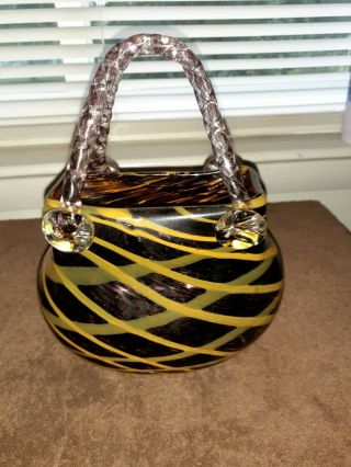 Hand Blown Art Glass Purse Vase Amber And Gold