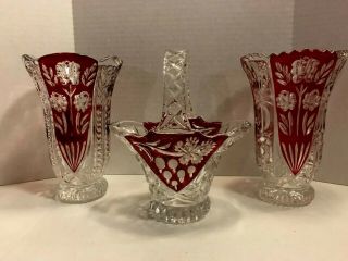 Vintage Anna Hutte Bleikristall Red Lead Crystal 2 Vases & Handled Basket