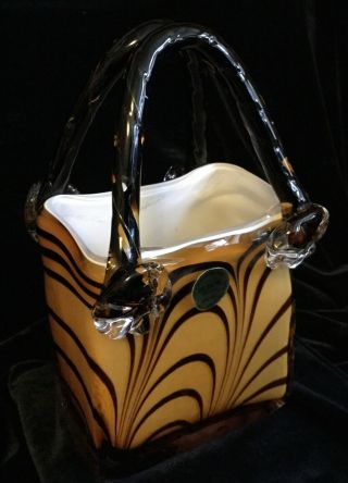 Block Crystal Art Glass Purse Vase - Tiger Stripe - Hand Blown