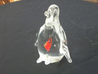 Vintage Murano Glass Penguin Paperweight With Mini Orange Fish Inside