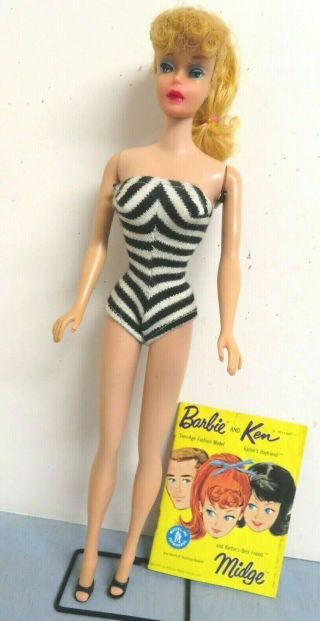 Vintage Early Blond Ponytail Barbie Doll Mattel Hard Body Stand & Book